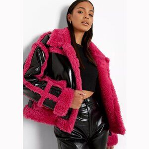 💥RETRO CHIC💥 High Shine Borg Aviator Jacket in Glossy Black & Hot Pink